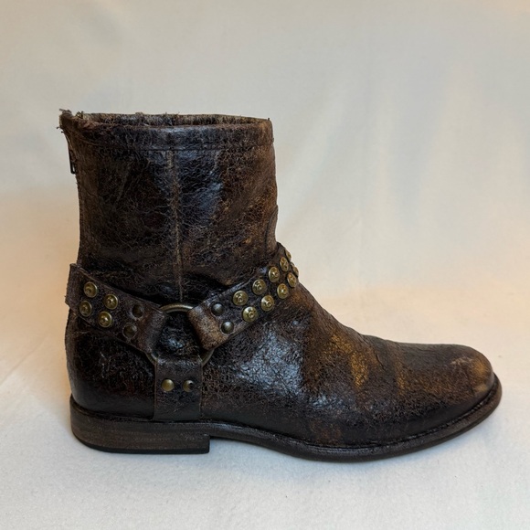 Frye Shoes - Frye Phillip Harness Distressed Brown Leather Booties with Studded Strap